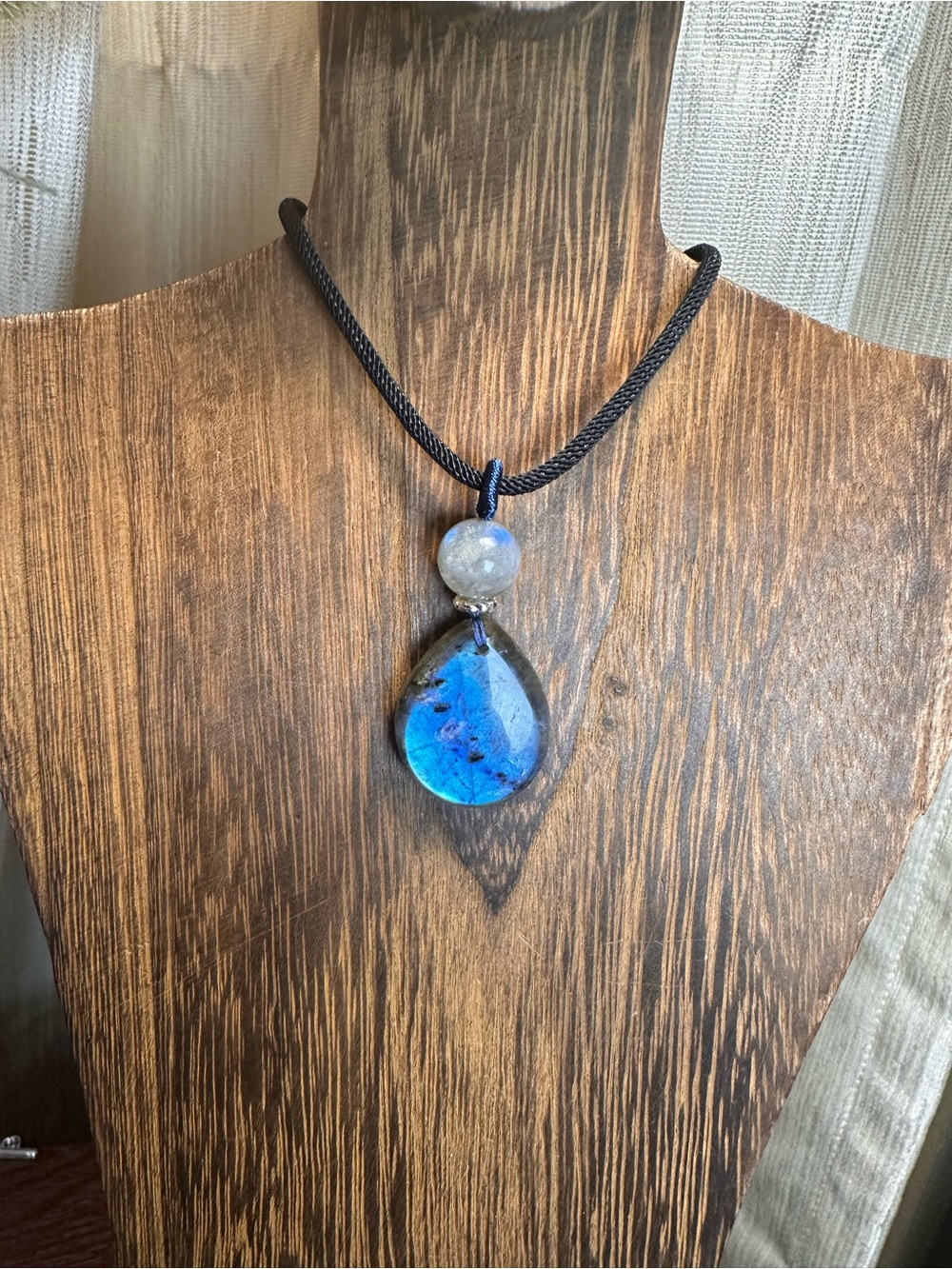 Small Blue Labradorite Teardrop Pendant Necklace on Black Rope